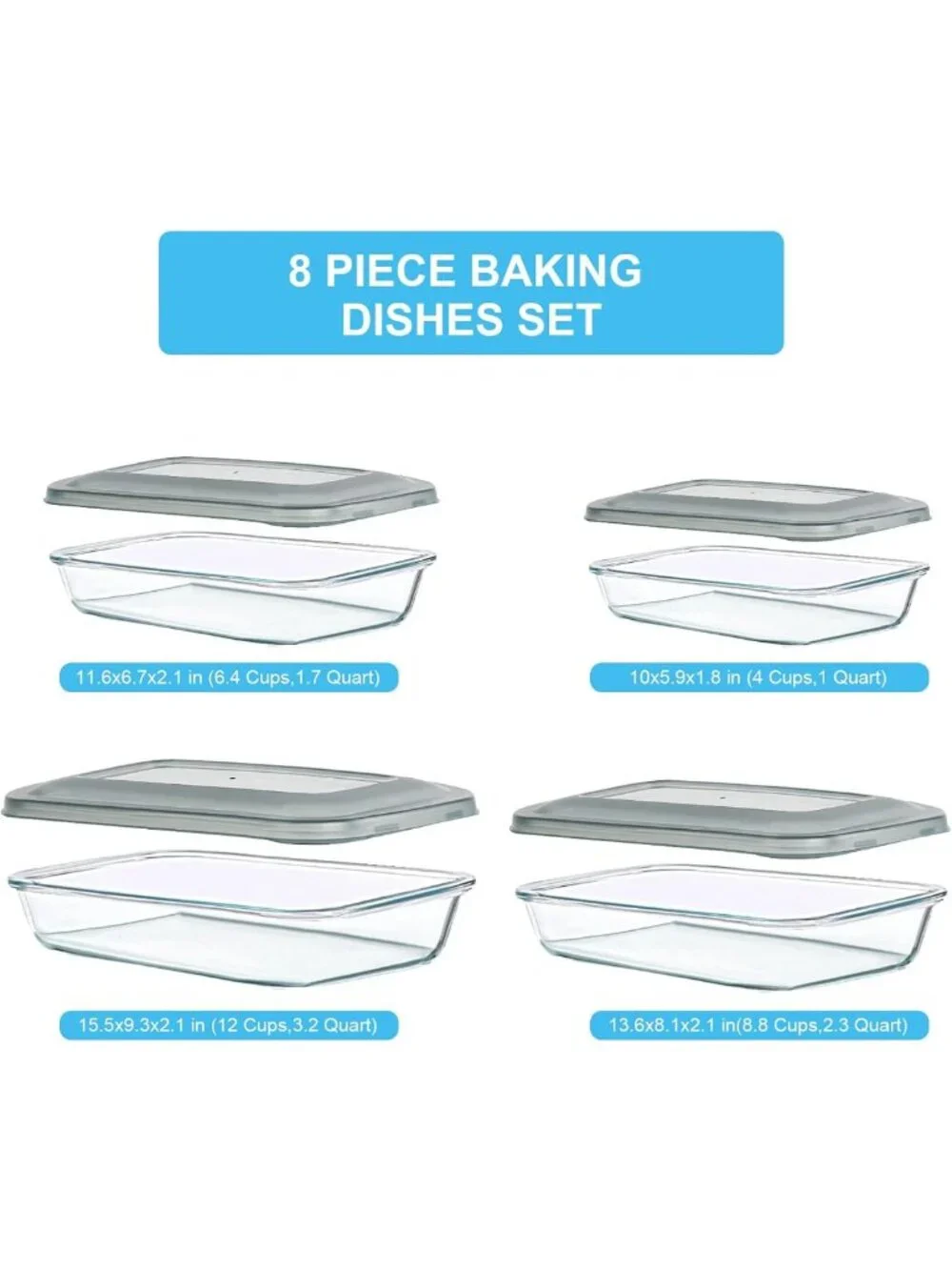 8-Piece Rectangular Glass Bakeware Set with Lids | Perfect for Lasagna